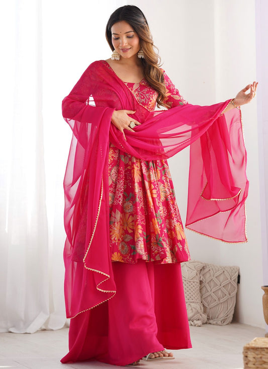 Floral Printed Chanderi Silk Pink Sharara Suit T6163