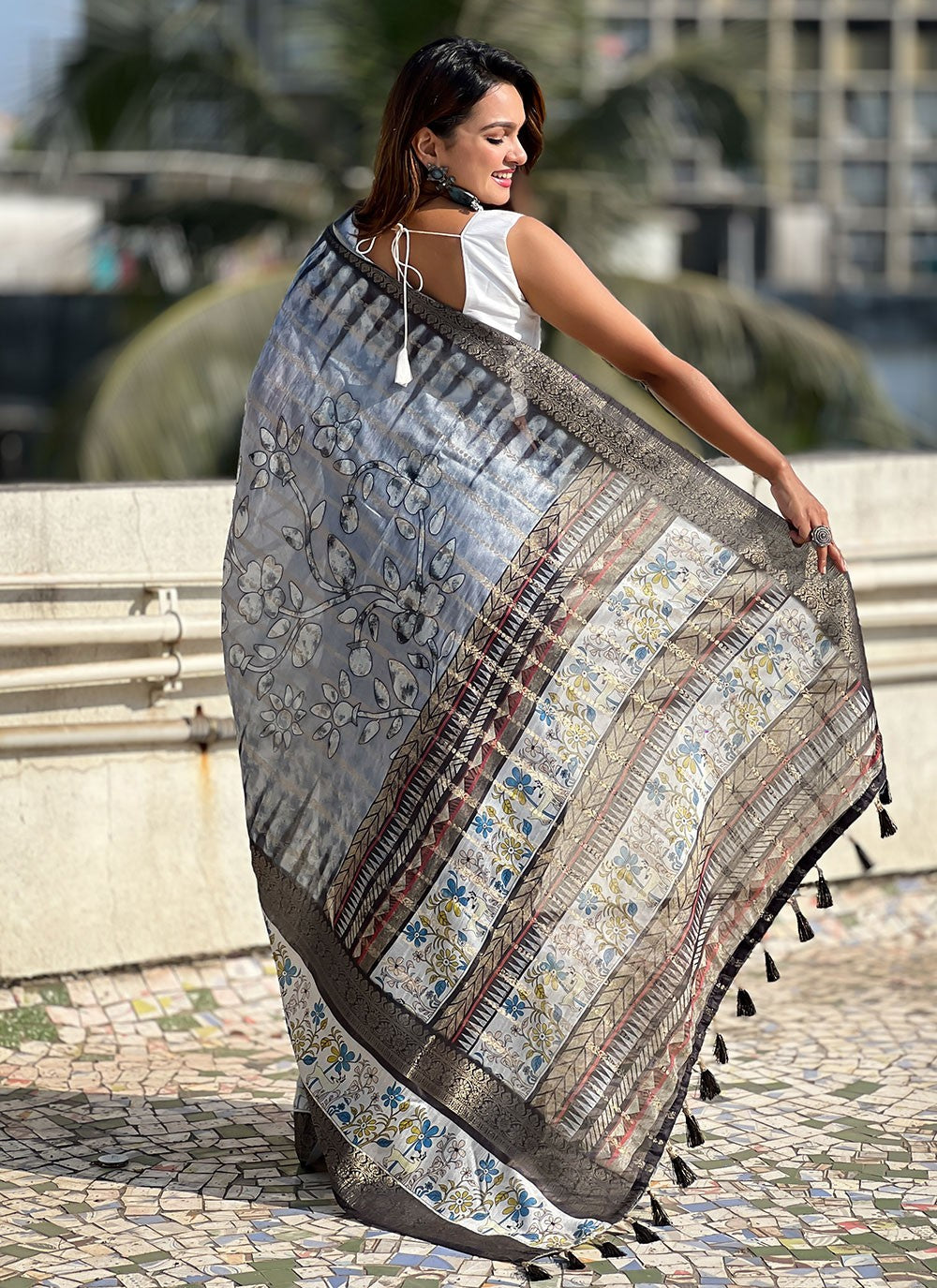 Printed Chanderi Grey Saree S13883