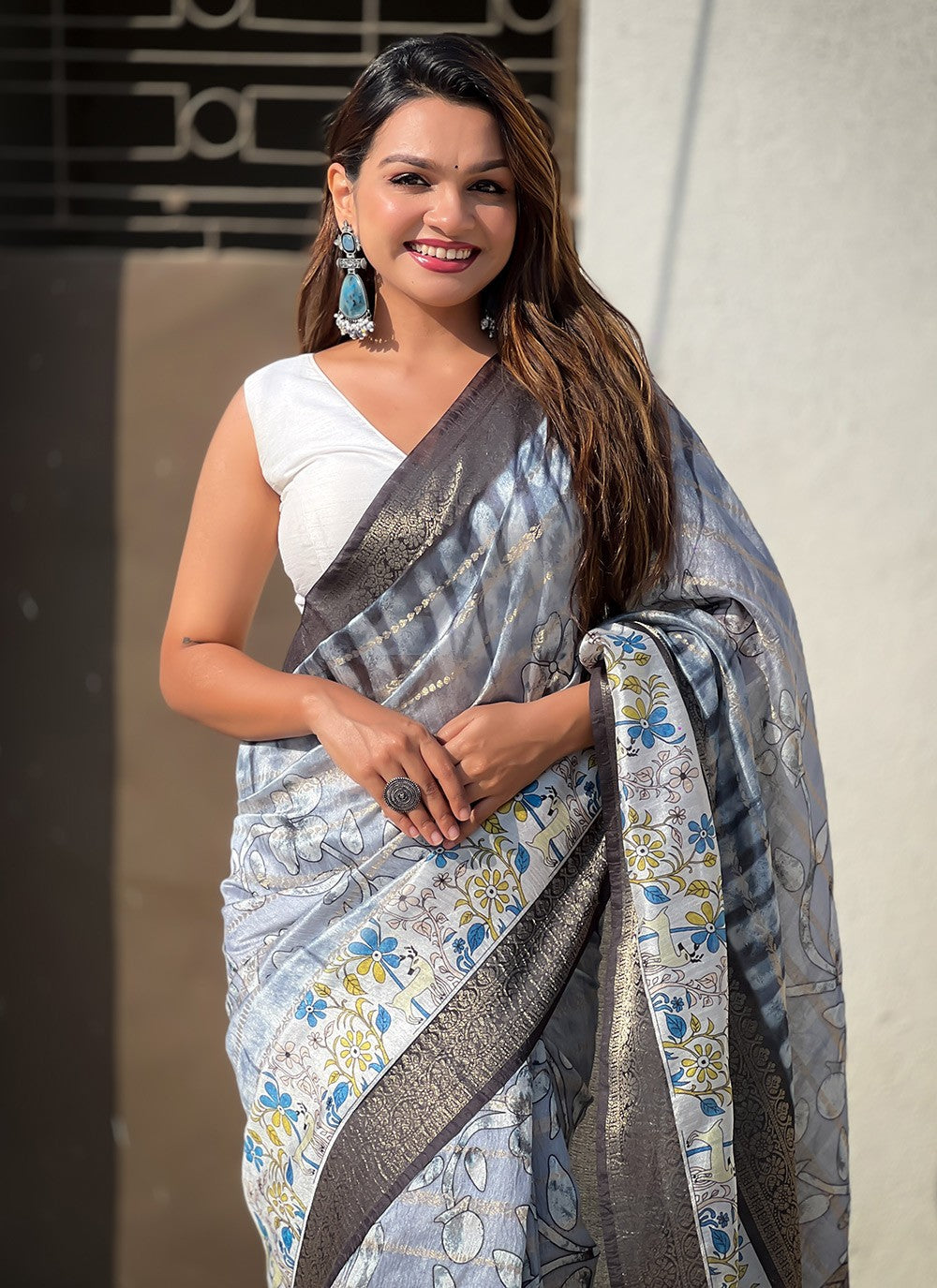 Printed Chanderi Grey Saree S13883