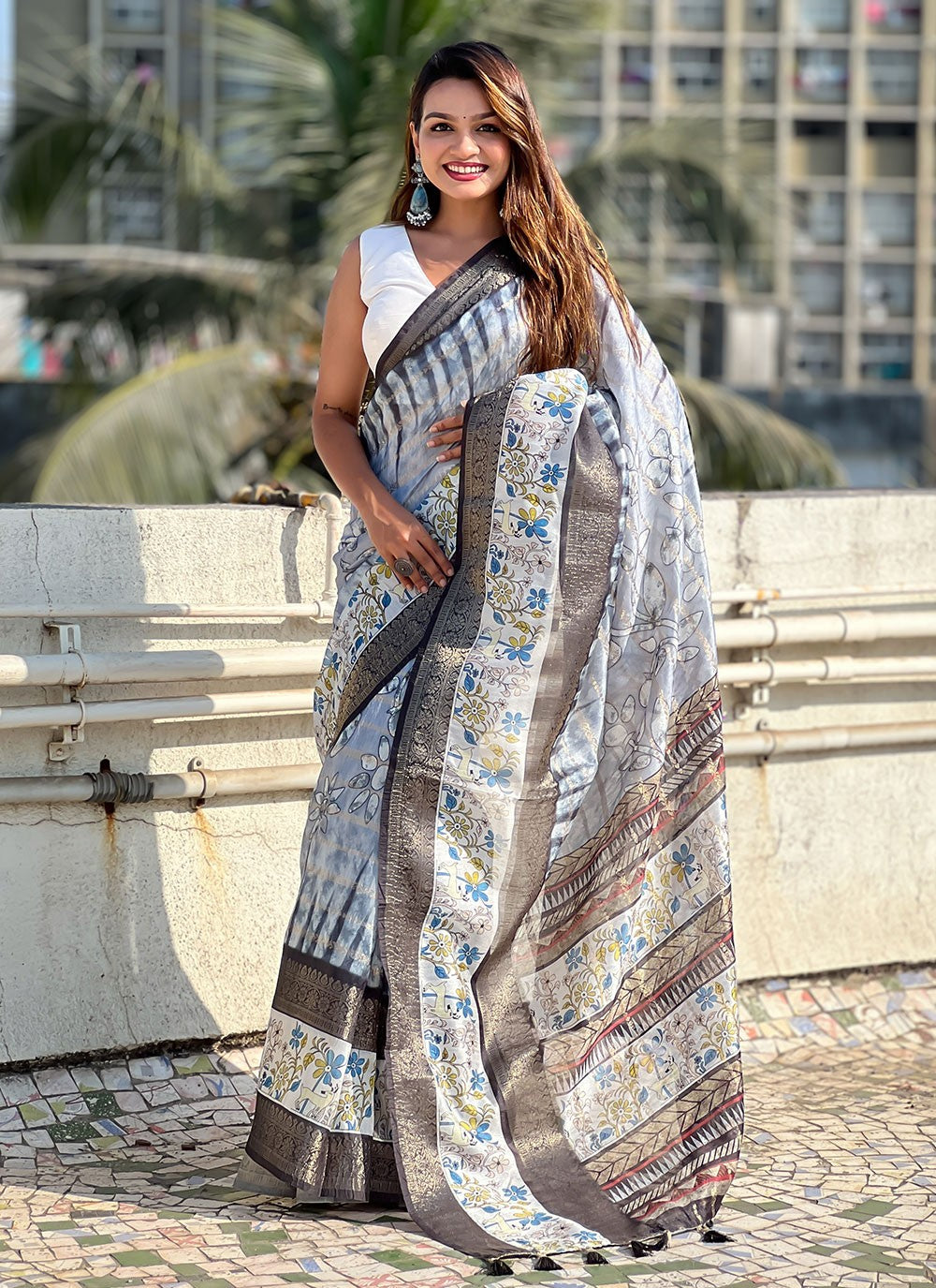 Printed Chanderi Grey Saree S13883