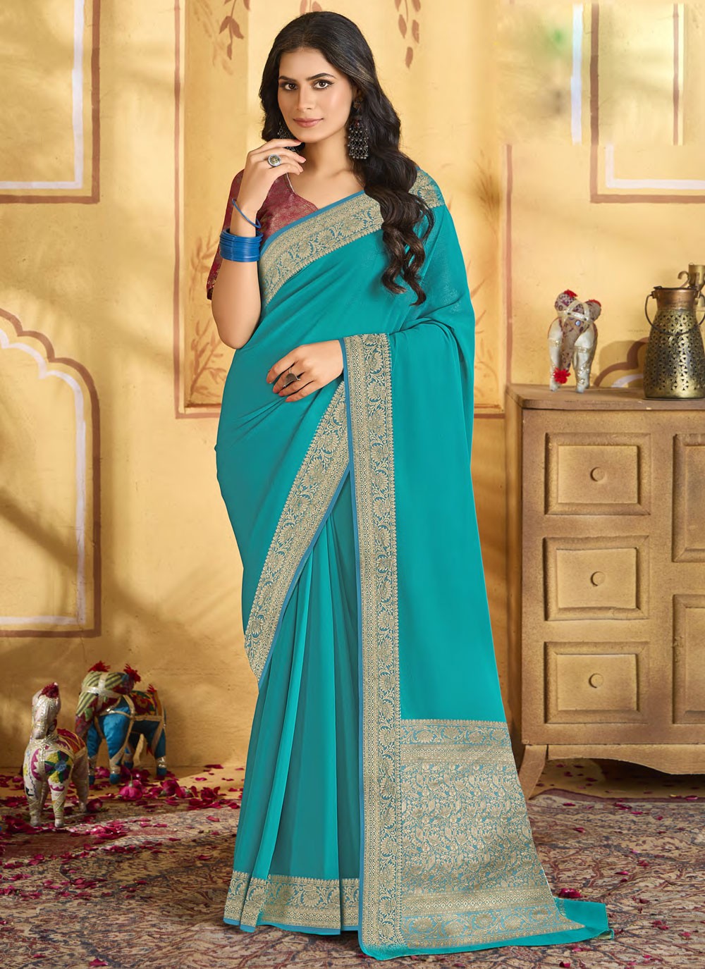 Designer Jacquard Work Aqua Blue Chiffon Saree S13345
