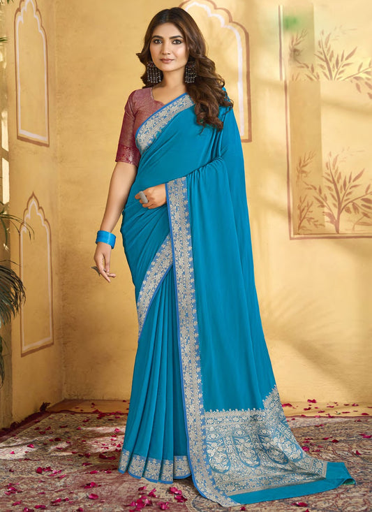 Classic Saree Jacquard Work Blue Chiffon Saree S13343