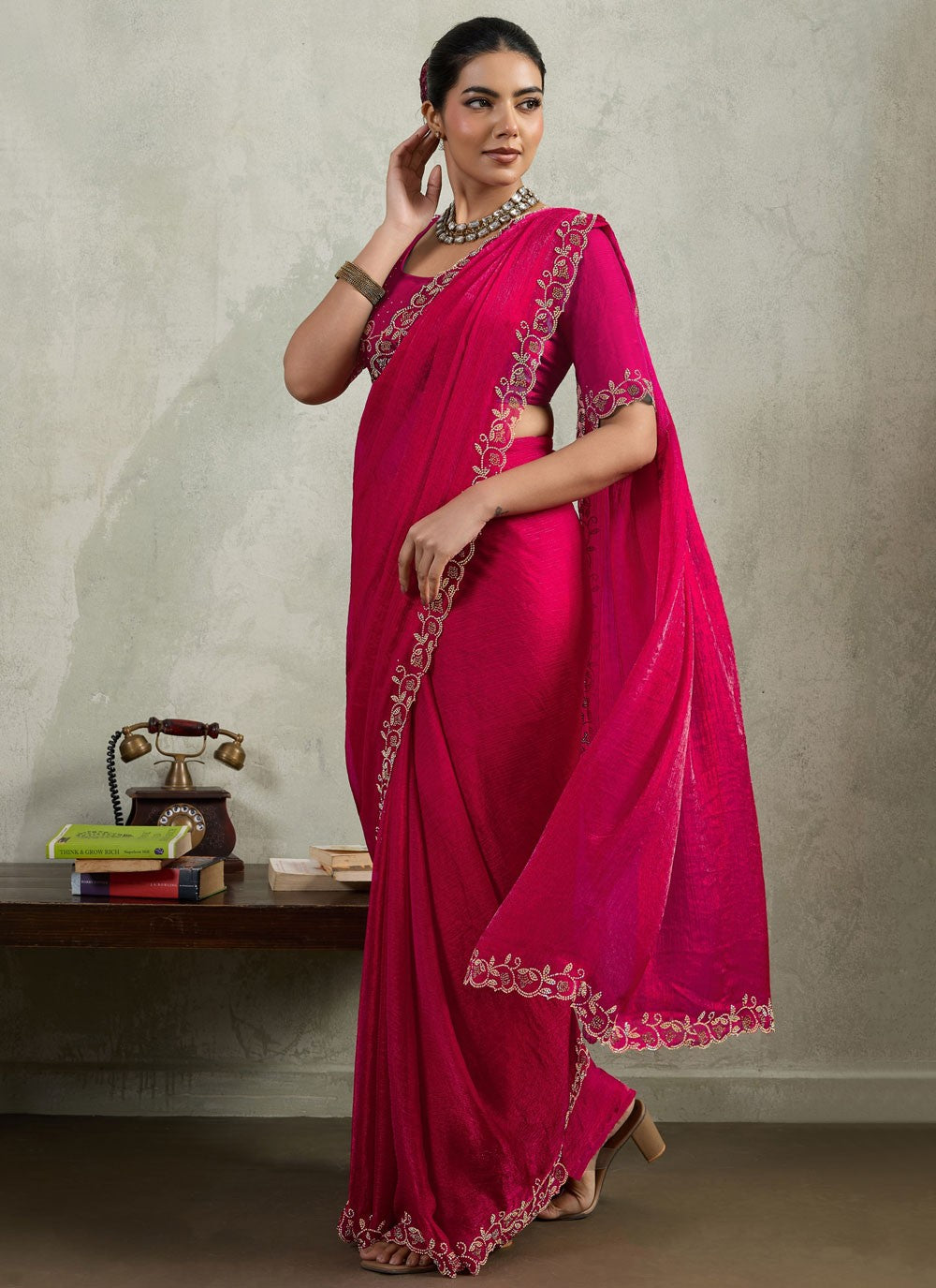 Pink Chiffon Trendy Saree Border Work, Lace, Zircon S19545