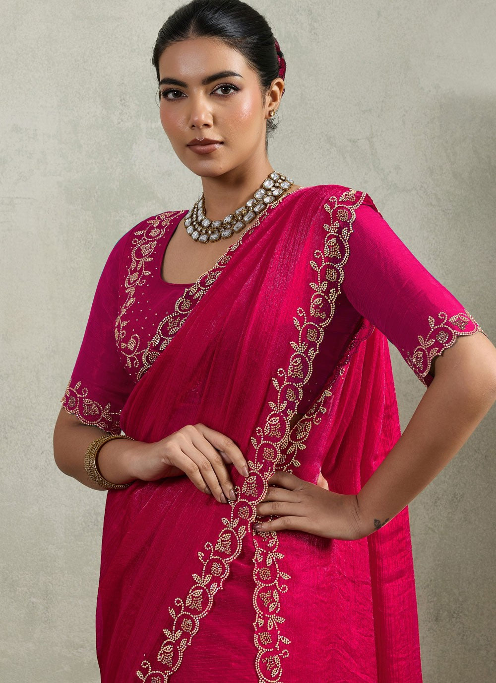 Pink Chiffon Trendy Saree Border Work, Lace, Zircon S19545