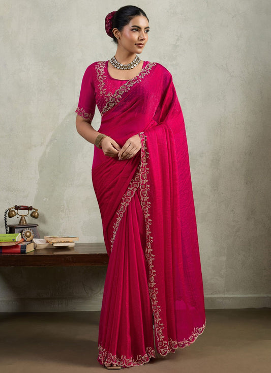Pink Chiffon Trendy Saree Border Work, Lace, Zircon S19545