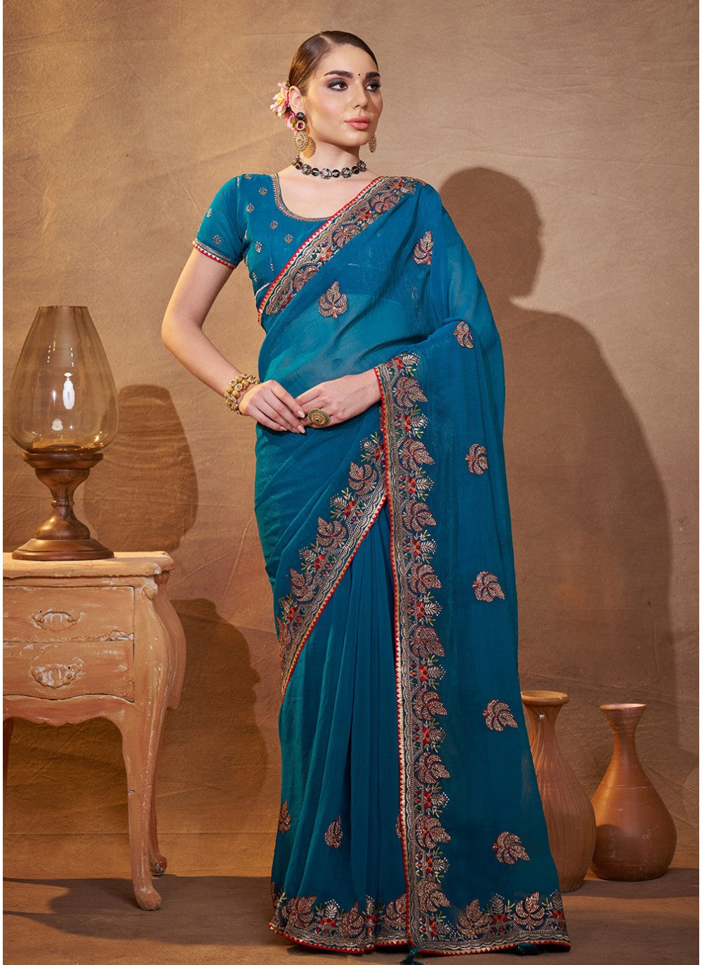 Embroidered Chiffon Teal Saree S14476