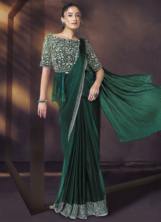 Green Chiffon Classic Saree Embroidered, Khatli Work S20470