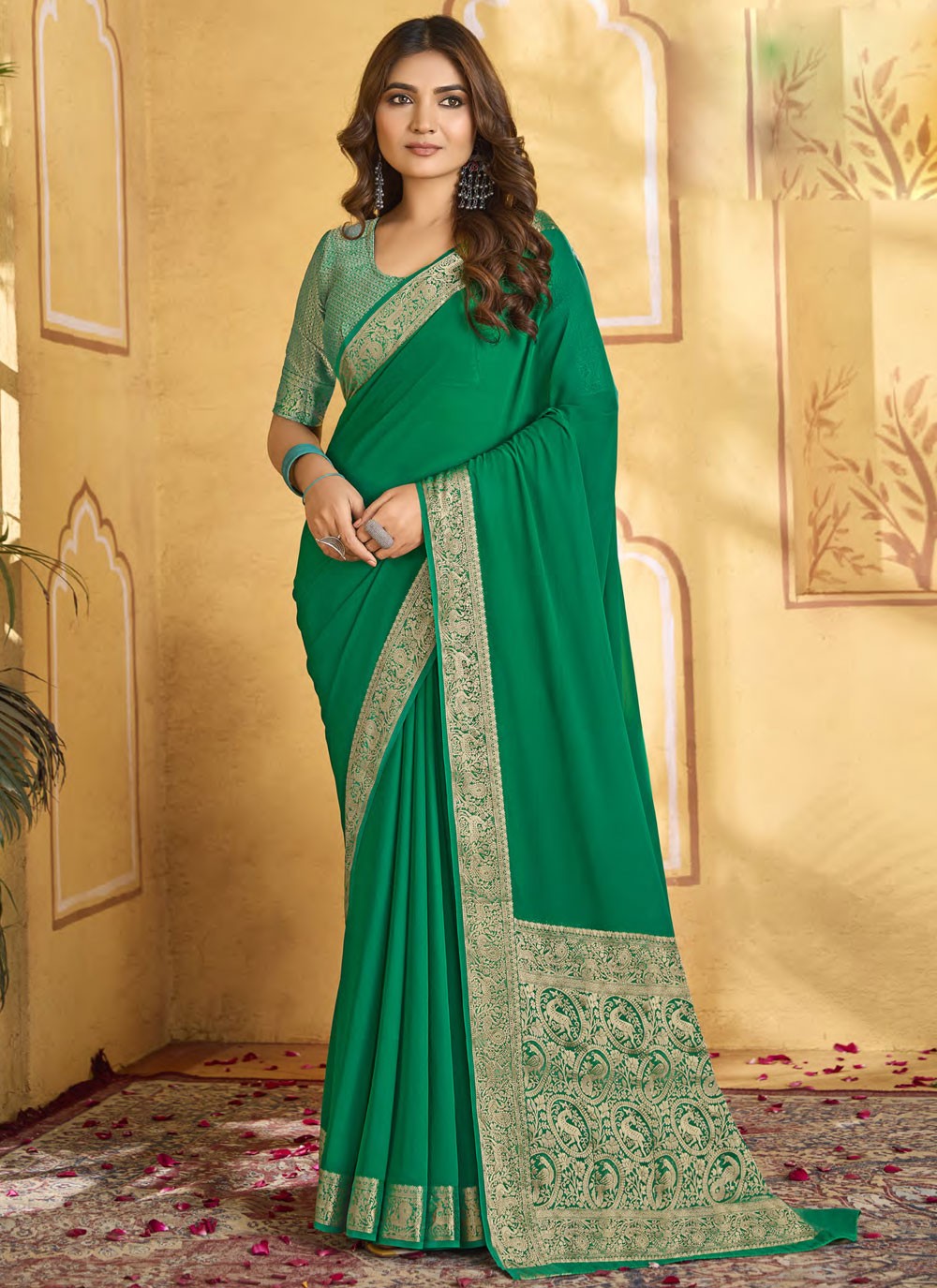 Contemporary Jacquard Work Green Chiffon Saree S13349