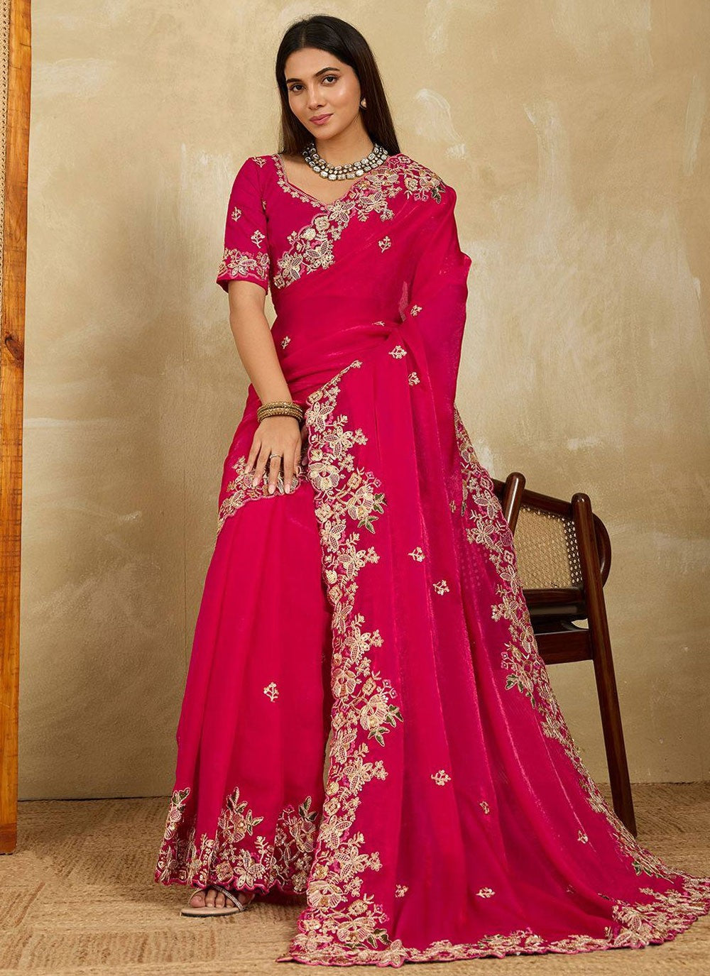 Pink Chiffon Contemporary Saree Embroidered S20110