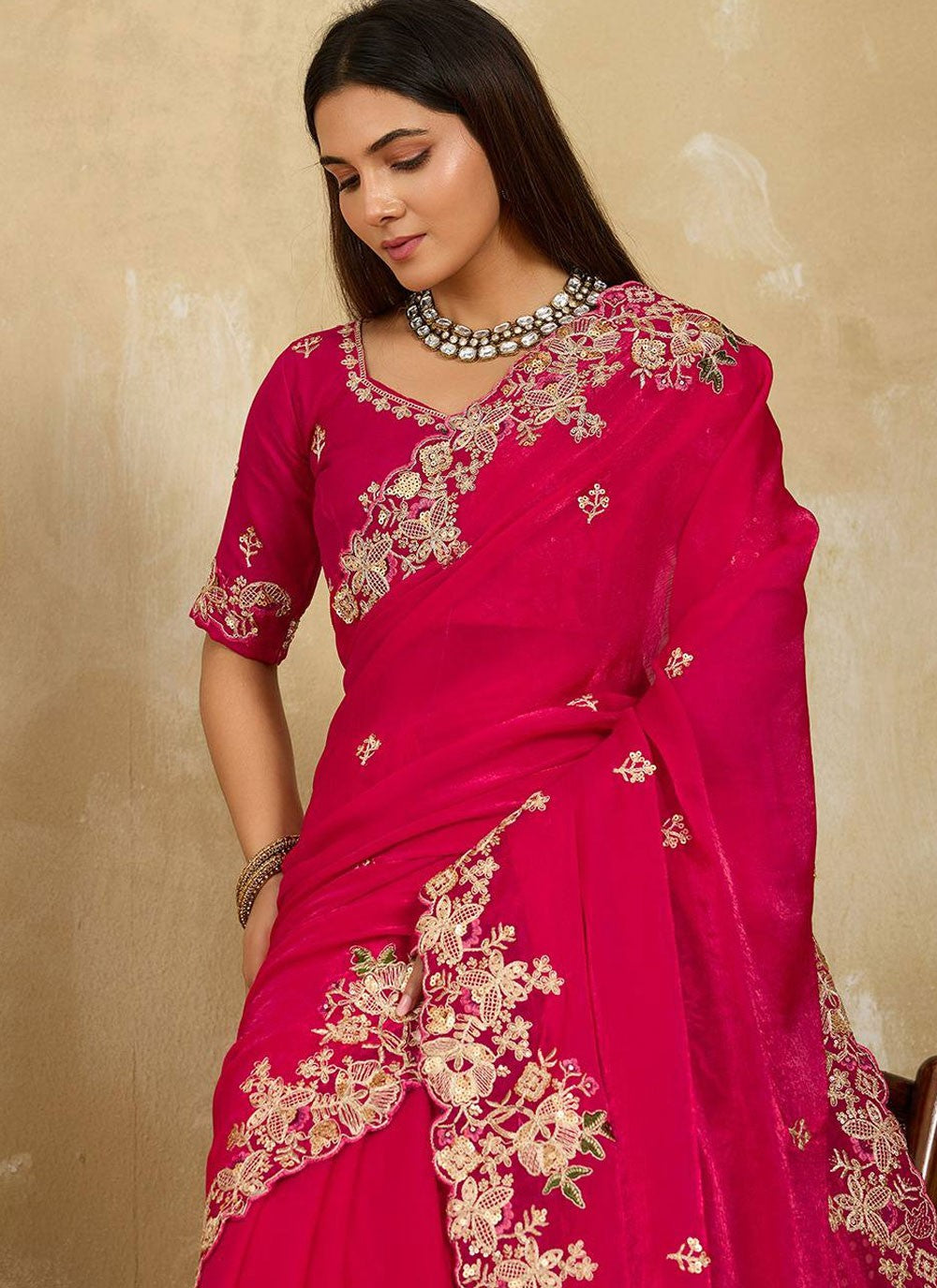 Pink Chiffon Contemporary Saree Embroidered S20110