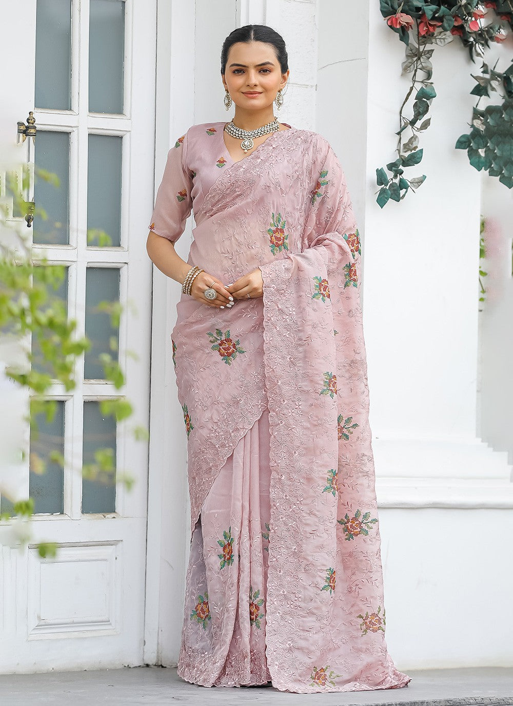 Traditional Cut Work Chiffon Saree - S6373