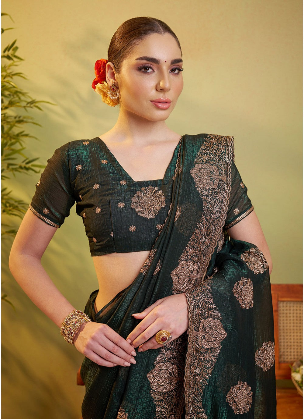 Embroidered Chiffon Green Saree S14473