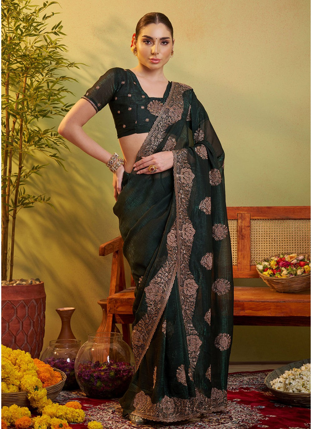 Embroidered Chiffon Green Saree S14473