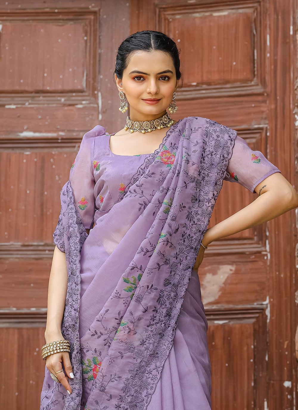 Traditional Cut Work Chiffon Saree - S6373