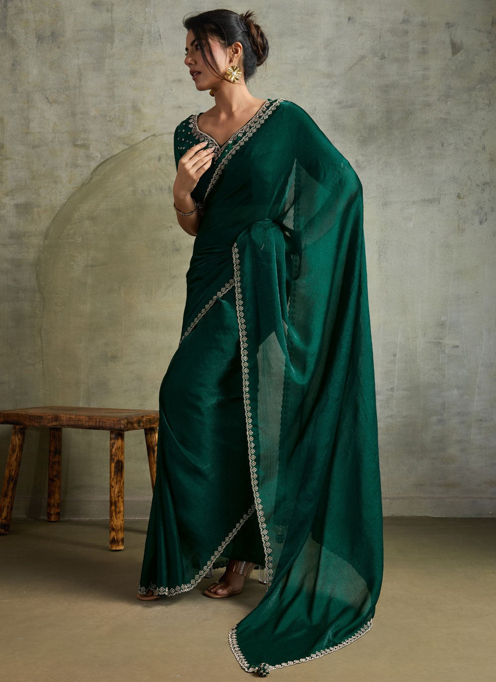 Green Chiffon Trendy Saree Embroidered S19824