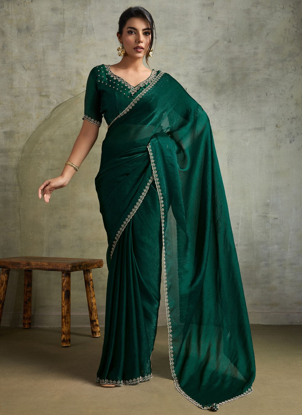 Green Chiffon Trendy Saree Embroidered S19824