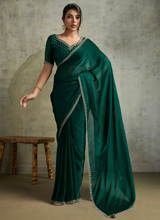 Green Chiffon Trendy Saree Embroidered S19824