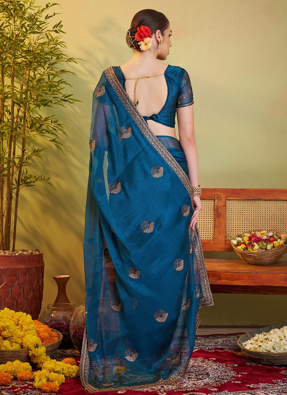 Embroidered Chiffon Teal Saree S14405
