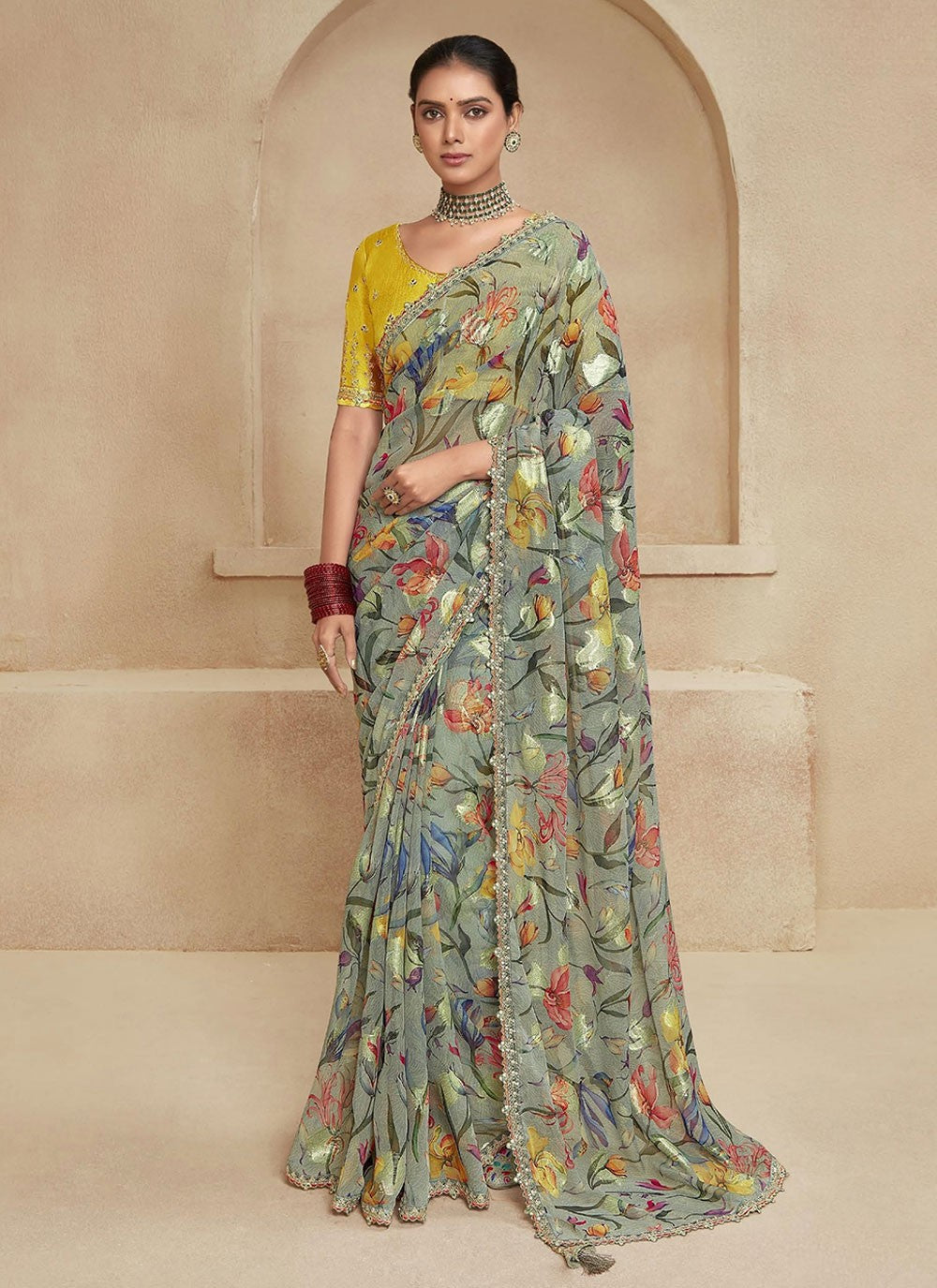 Classic Floral Printed Chiffon Saree - S6204