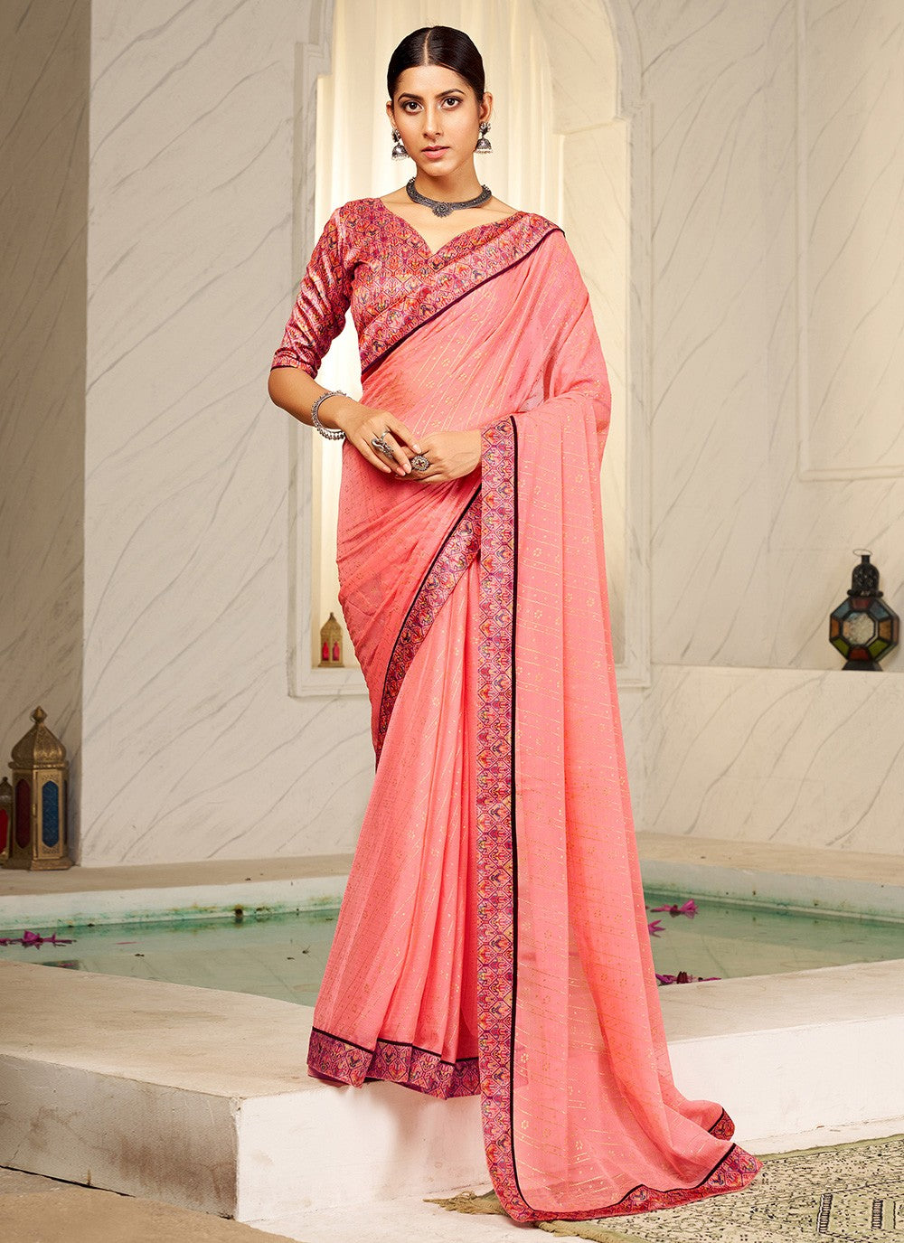 Foliage Prints Chiffon Peach Classic Saree S15275