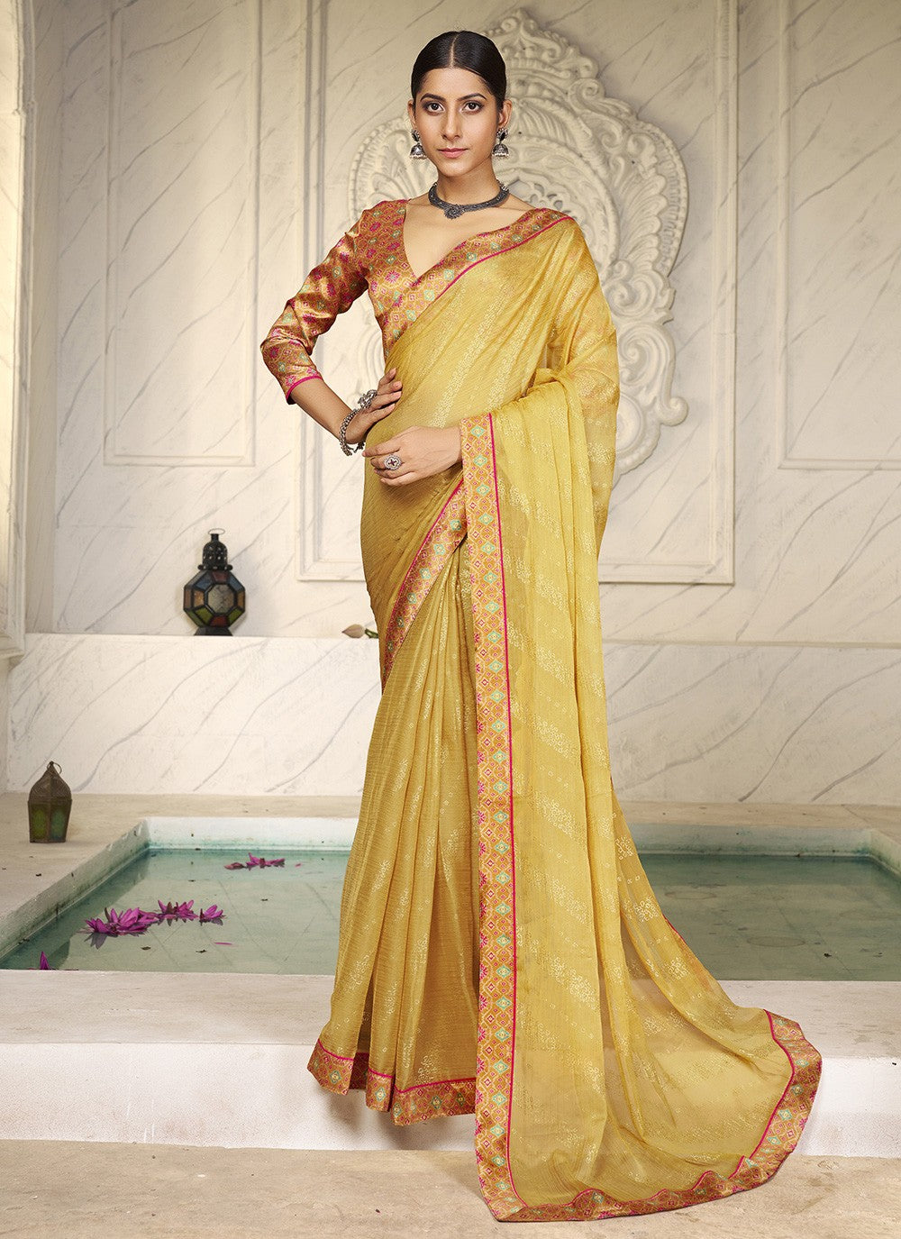 Foliage Prints Chiffon Yellow Trendy Saree S15270