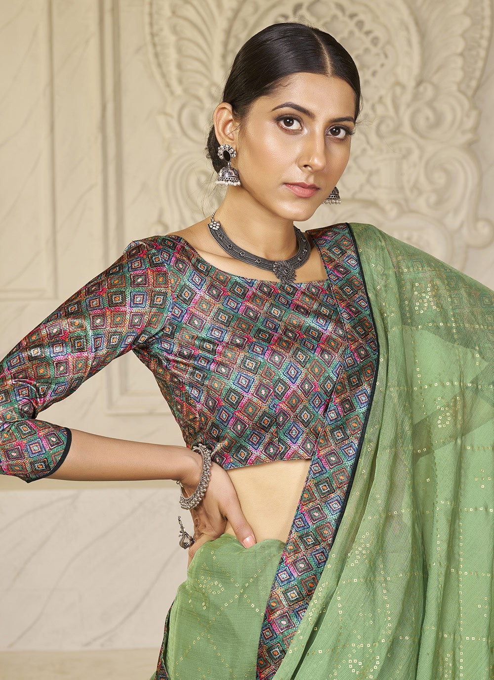 Foliage Prints Chiffon Green Classic Saree S15271