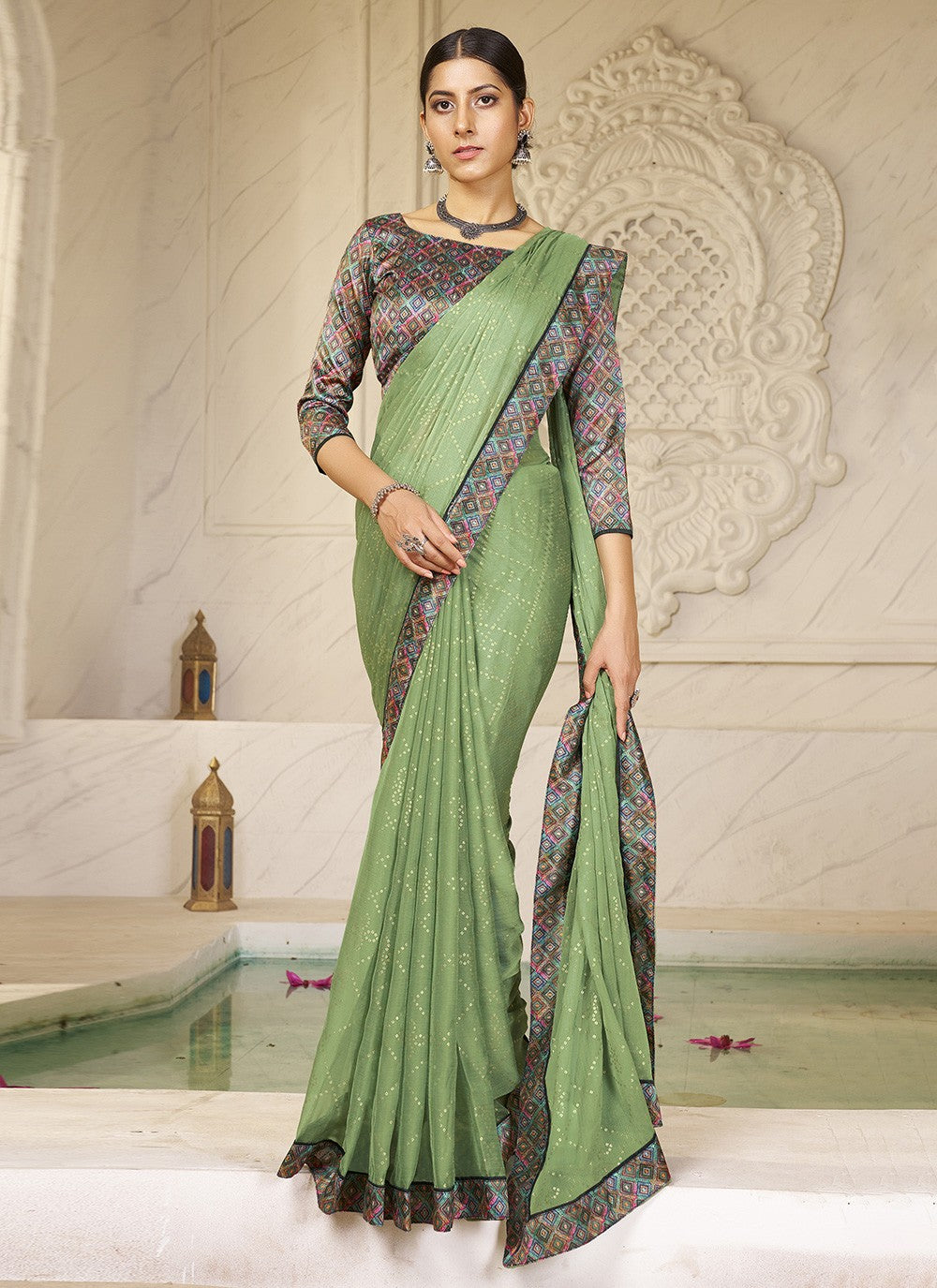 Foliage Prints Chiffon Green Classic Saree S15271