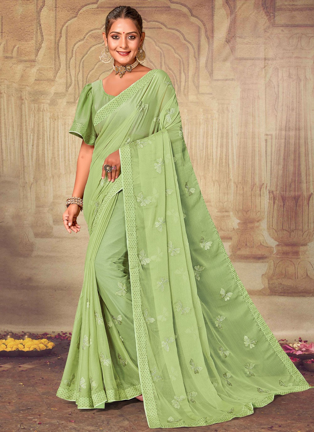 Classic Embroidered Chiffon, Silk Saree - S4086