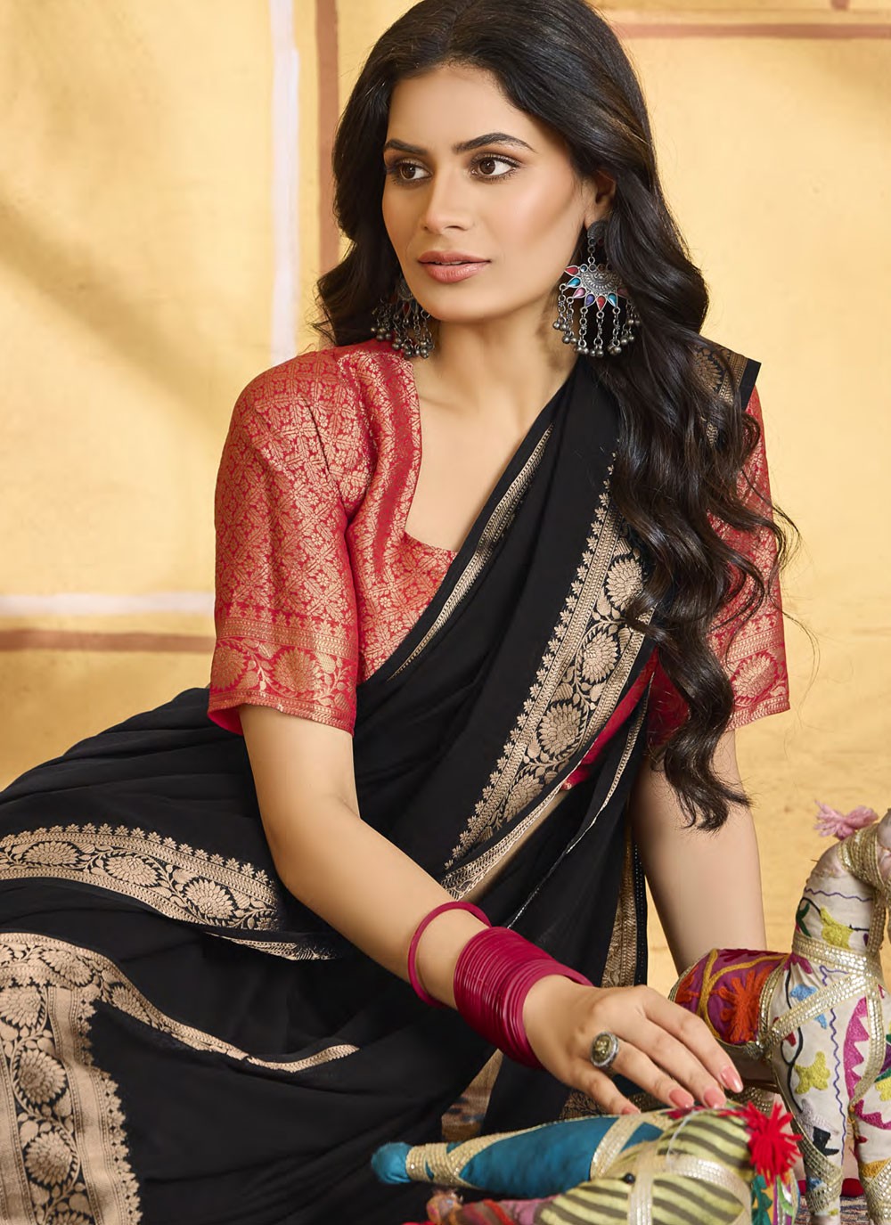 Classic Saree Jacquard Work Black Chiffon Saree S13348