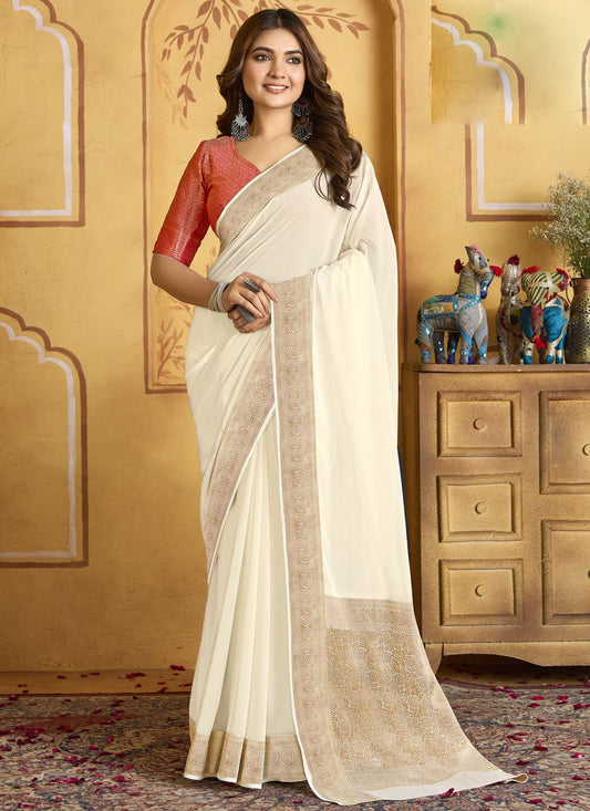 Trendy Saree Jacquard Work White Chiffon Saree S13350