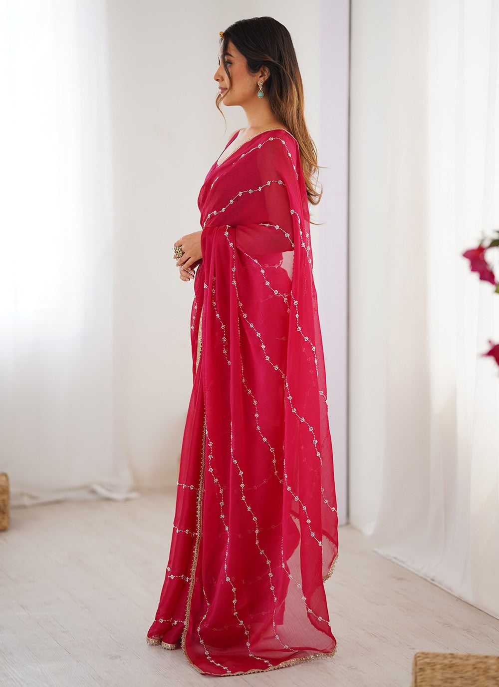 Hot Pink Chiffon Designer Saree Beads, Lace, Moti S16282