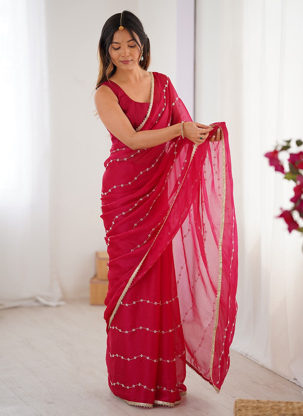 Hot Pink Chiffon Designer Saree Beads, Lace, Moti S16282