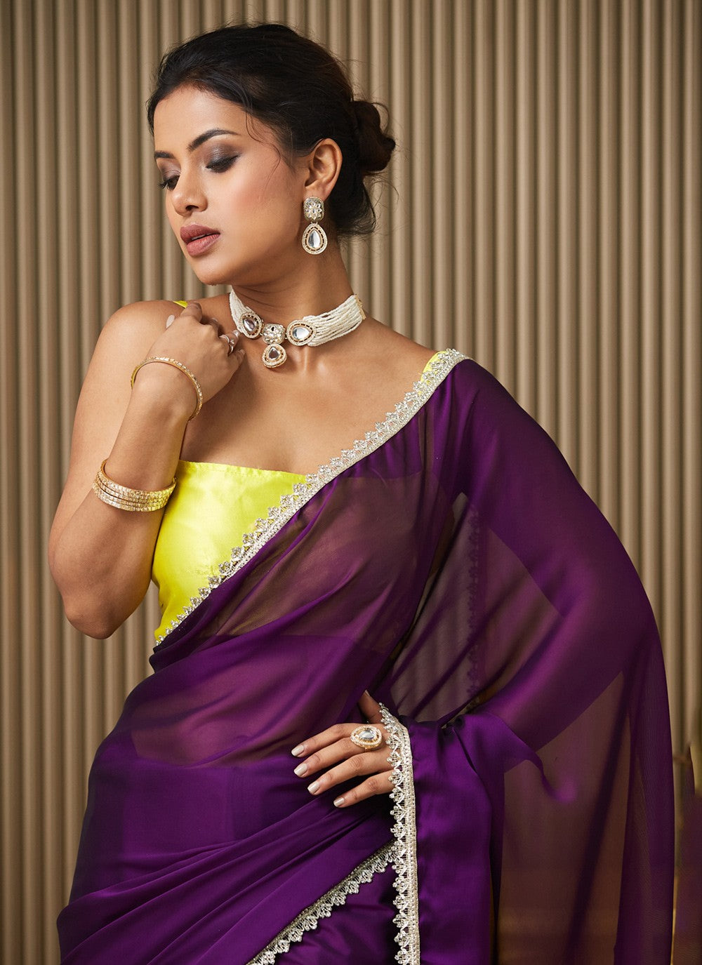 Purple Chiffon Trendy Saree Mirror S16935