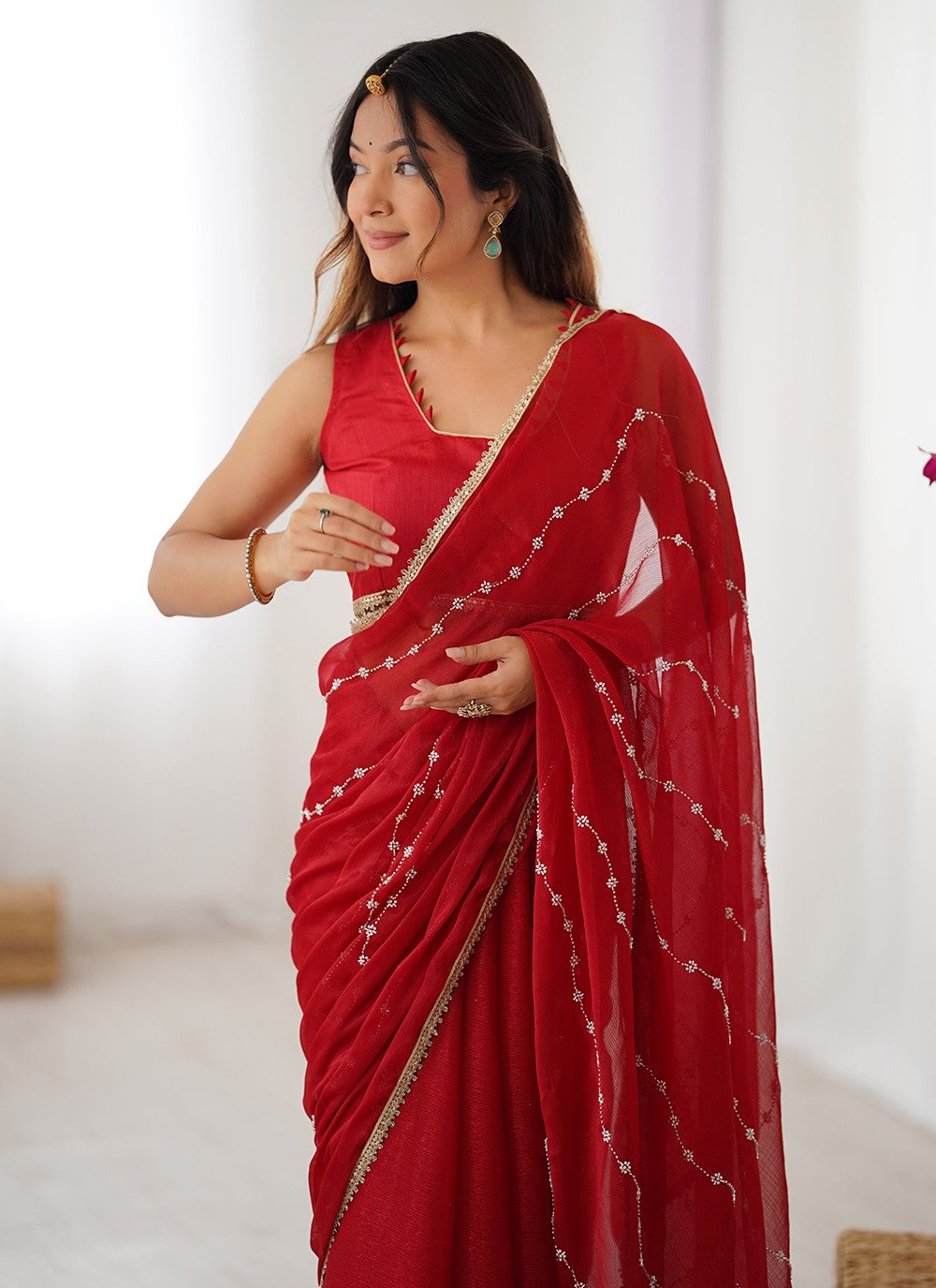 Red Chiffon Trendy Saree Beads, Lace, Moti S16284