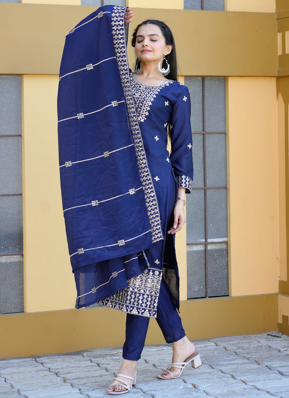 Pant Style Suit Embroidered Teal Chiffon T5240