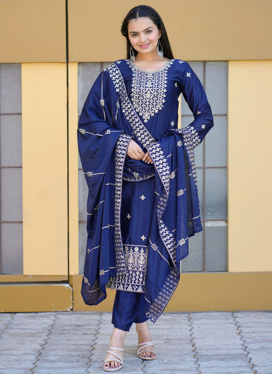 Pant Style Suit Embroidered Teal Chiffon T5240