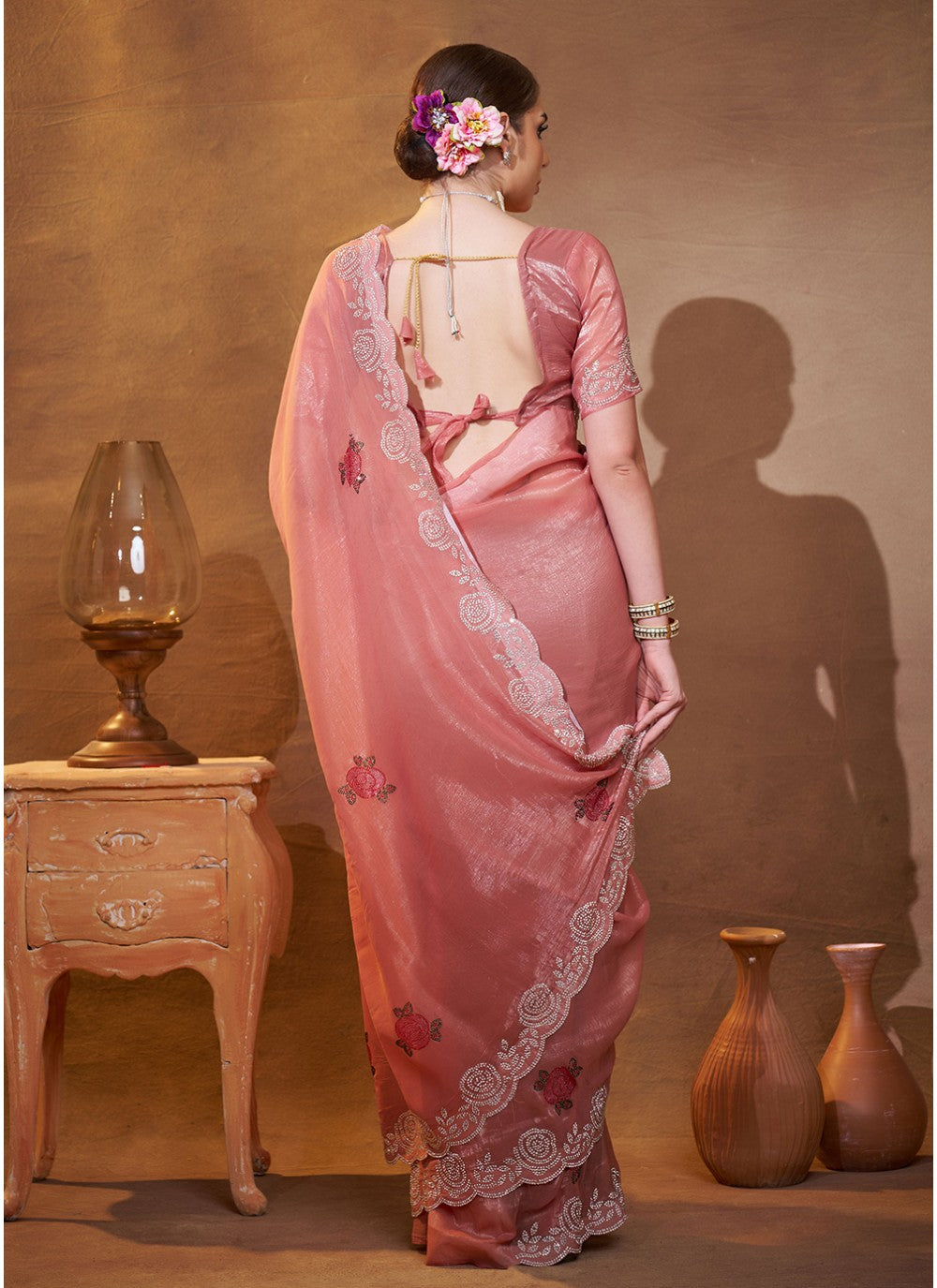 Embroidered Chiffon Peach Saree S14469