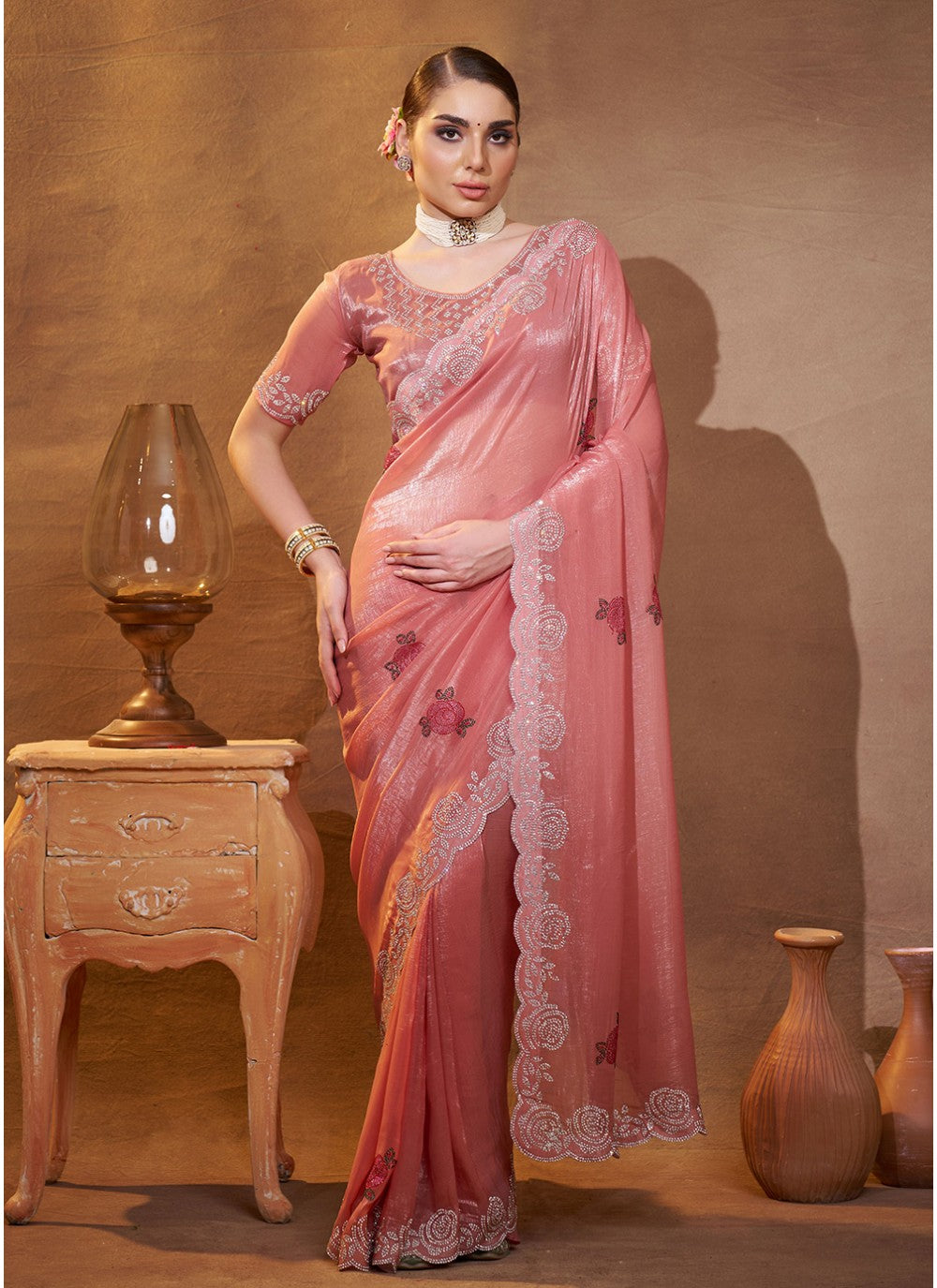Embroidered Chiffon Peach Saree S14469