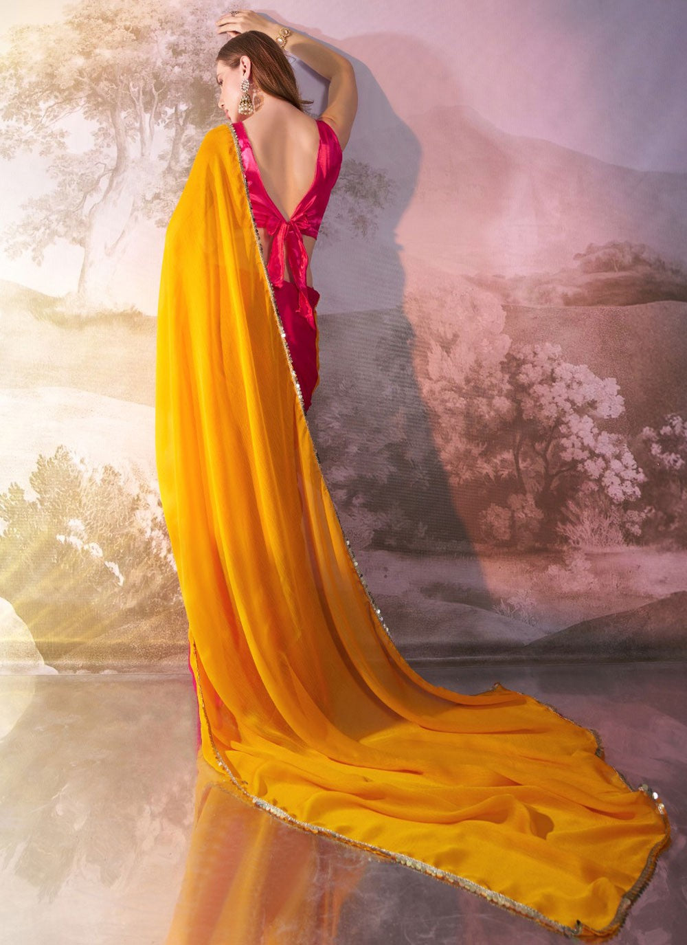 Classic Saree Border Work Pink, Yellow Chiffon Saree S13566