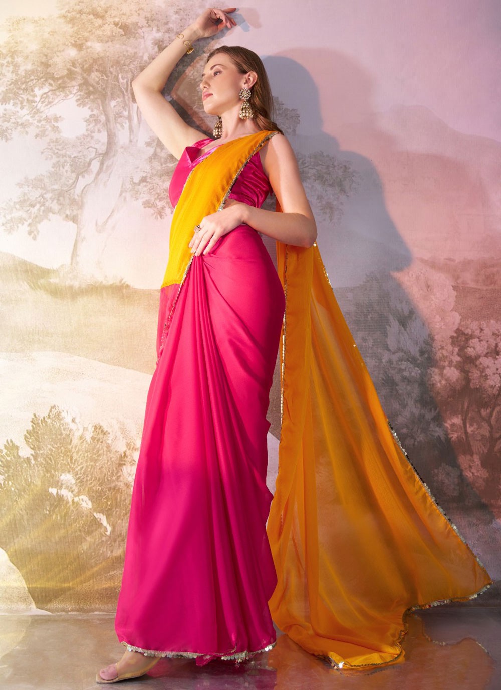 Classic Saree Border Work Pink, Yellow Chiffon Saree S13566