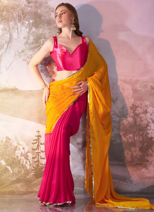 Classic Saree Border Work Pink, Yellow Chiffon Saree S13566