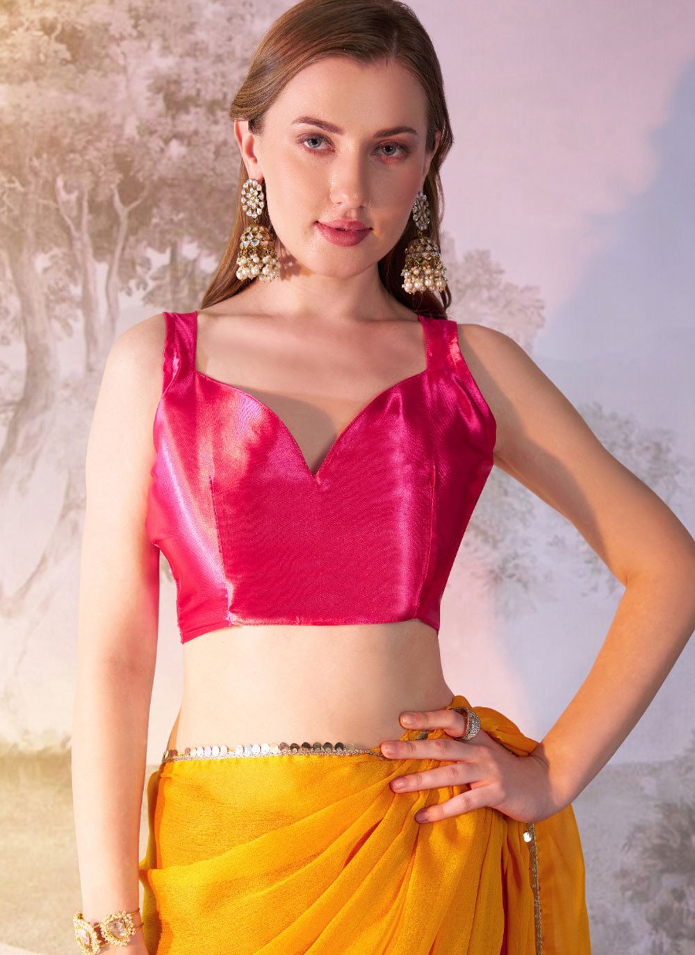 Classic Saree Border Work Pink, Yellow Chiffon Saree S13566