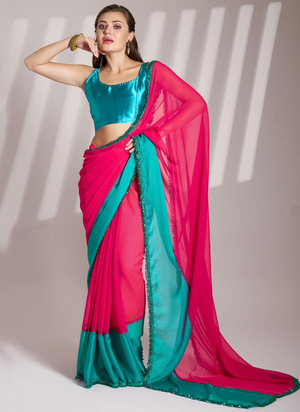 Trendy Saree Border Work Pink Chiffon Saree S13720