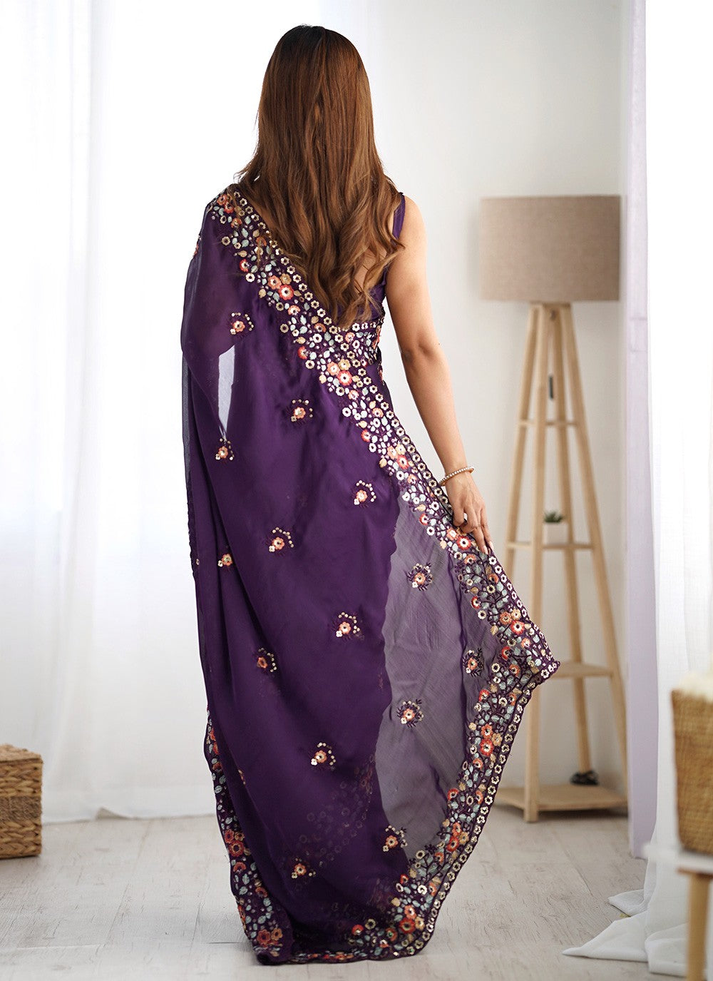 Purple Chiffon Satin Contemporary Saree Embroidered, Sequins, Thread S15791