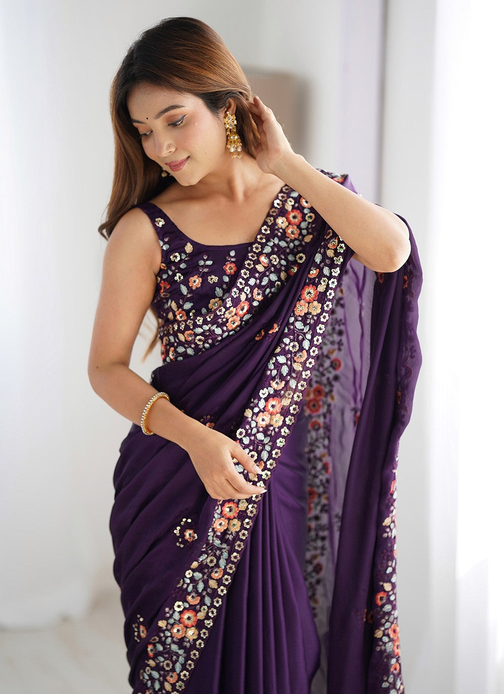Purple Chiffon Satin Contemporary Saree Embroidered, Sequins, Thread S15791