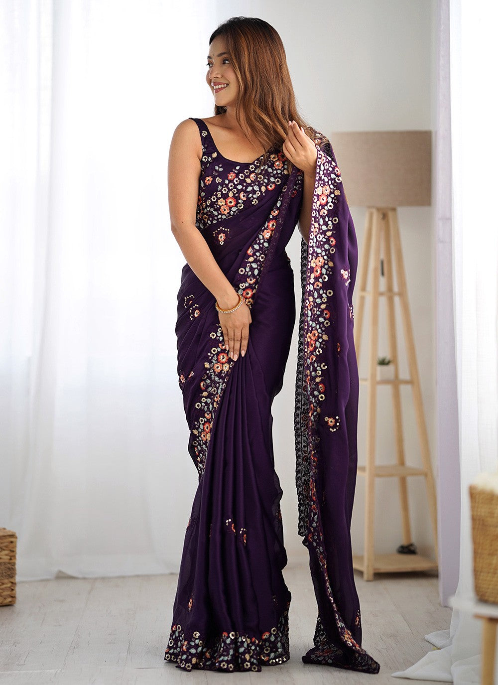 Purple Chiffon Satin Contemporary Saree Embroidered, Sequins, Thread S15791