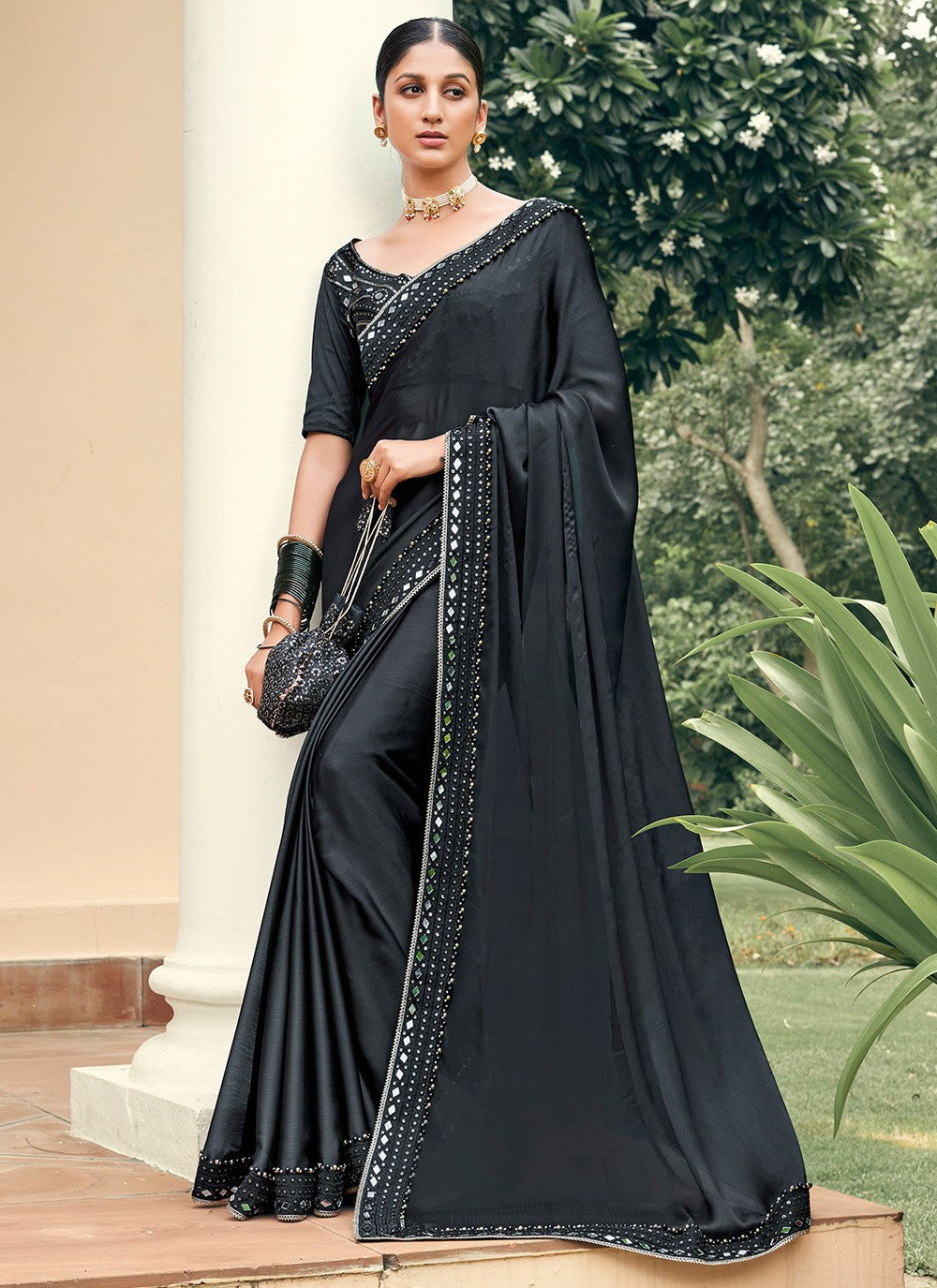 Classic Embroidered Chiffon Satin Saree - S3504