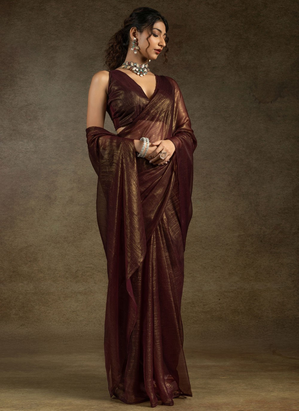 Plain Chiffon Satin Wine Designer Saree S15437