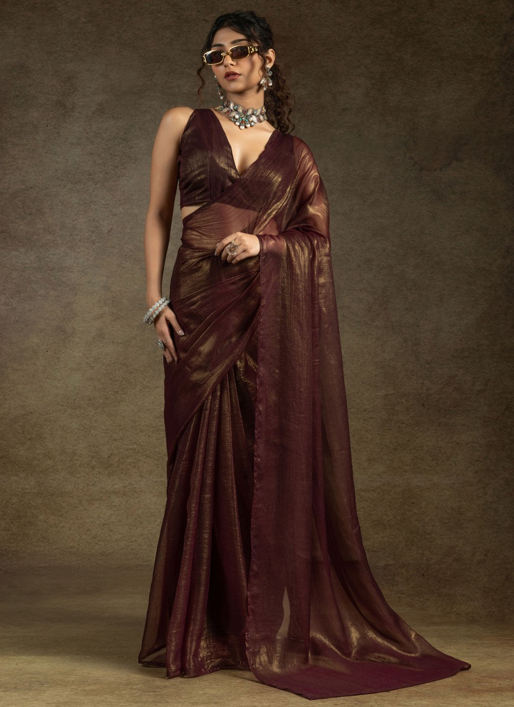 Plain Chiffon Satin Wine Designer Saree S15437