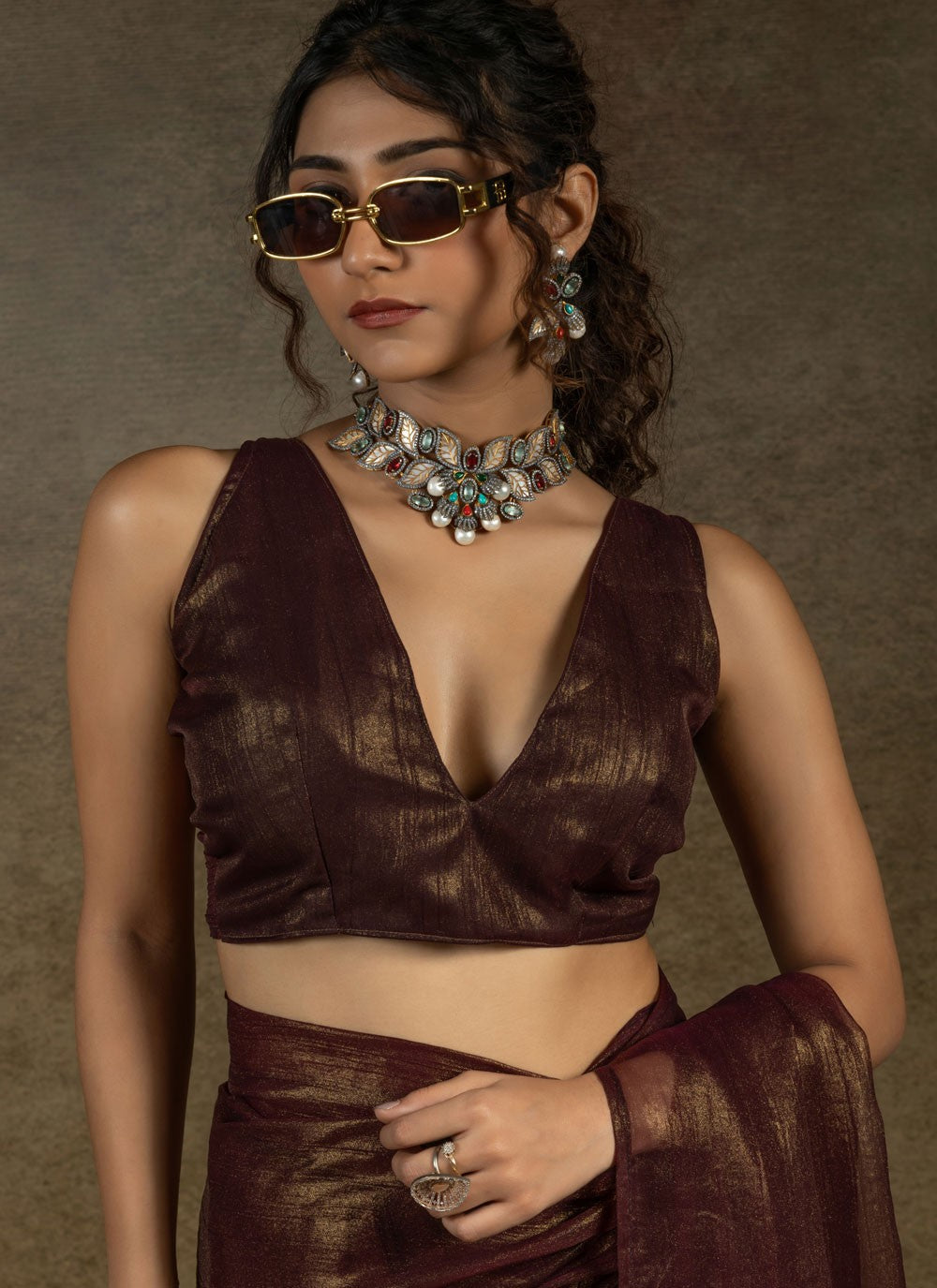 Plain Chiffon Satin Wine Designer Saree S15437